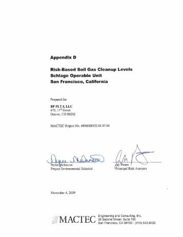 14. Appendix D: Risk-Based Soil Gas Cleanup Levels, Schlage OU