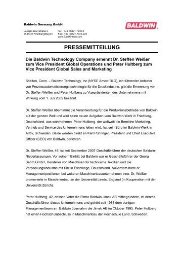 PRESSEMITTEILUNG - Baldwin Technology Company, Inc.