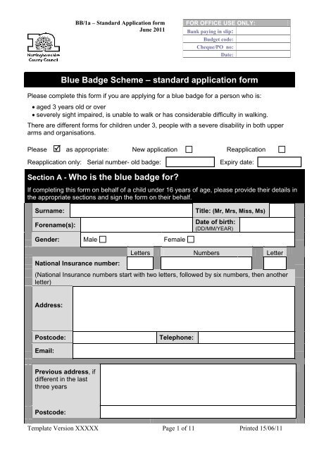 Blue Badge Application Form Bassetlaw District Council