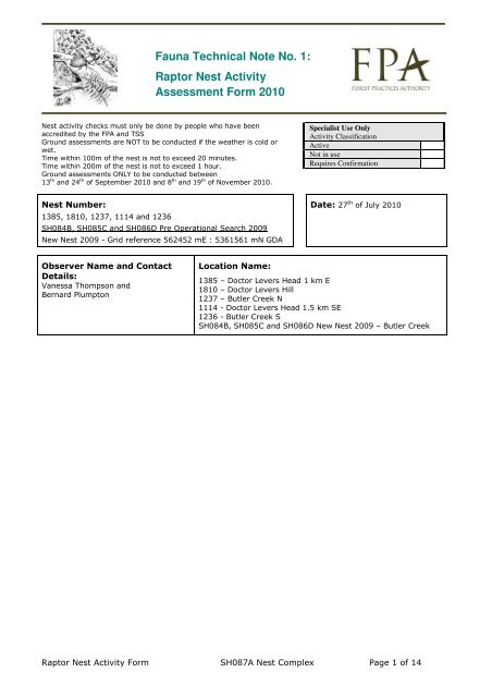 Raptor Nest Activity Assessment Form 2010