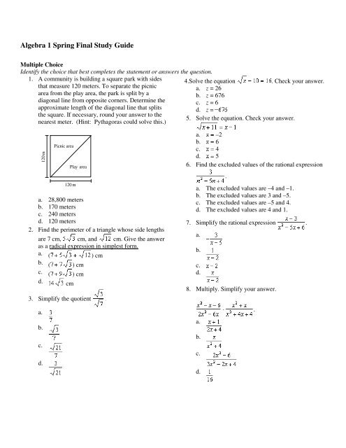 Algebra 1 Spring Final Study Guide