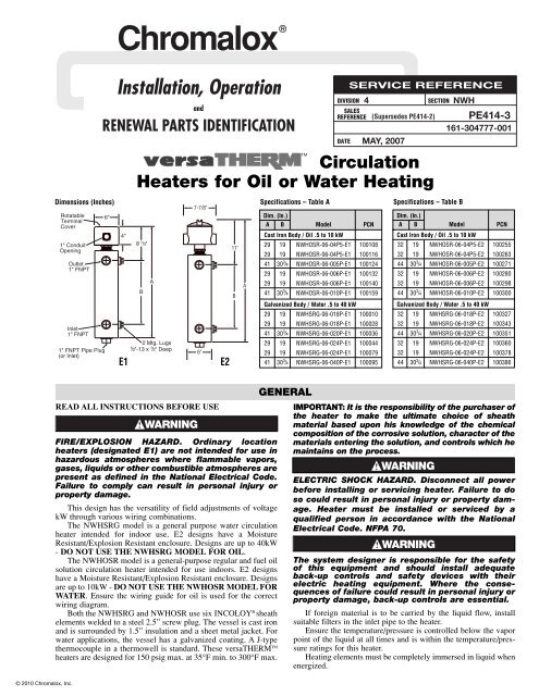 Circulation Heaters for Oil or Water Heating Installation Manual