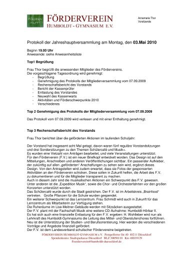 Protokoll der Jahreshauptversammlung am Montag, den 03.Mai