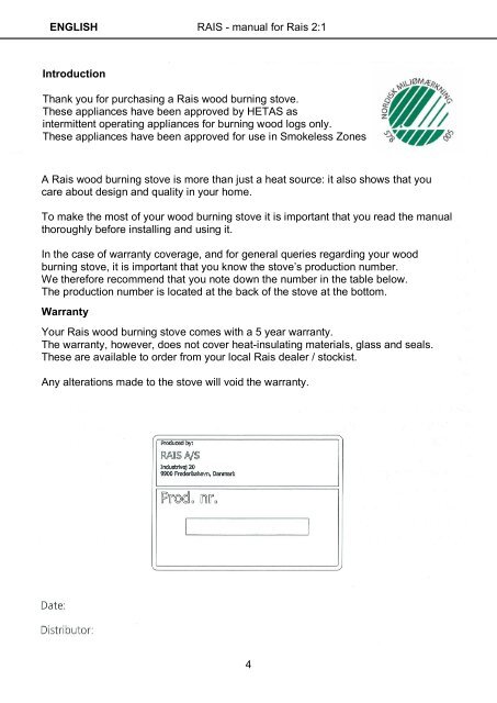 instructions for installation, use and maintenance rais 2:1 - Robeys Ltd