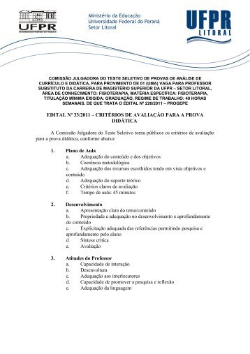 CritÃ©rios de AvaliaÃ§Ã£o para a Prova DidÃ¡tica.pdf - UFPR Litoral
