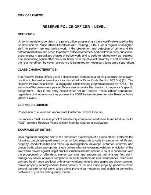 RESERVE POLICE OFFICER -- LEVEL II - the City of Lompoc!
