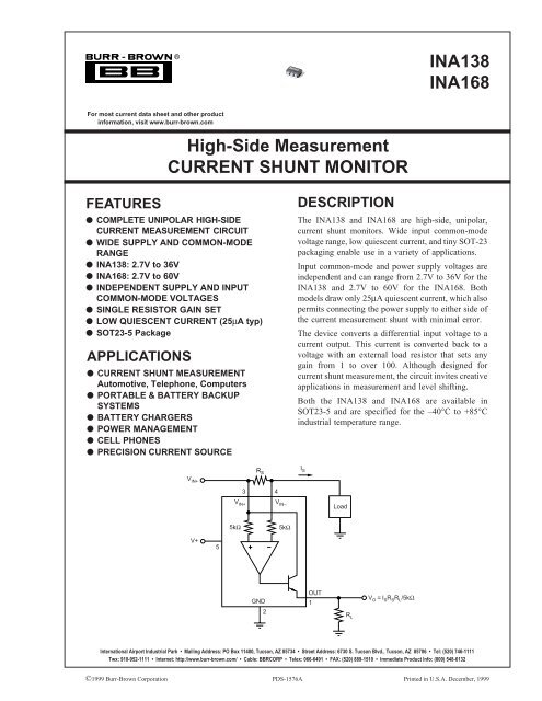 INA138 INA168 - Datasheet Catalog