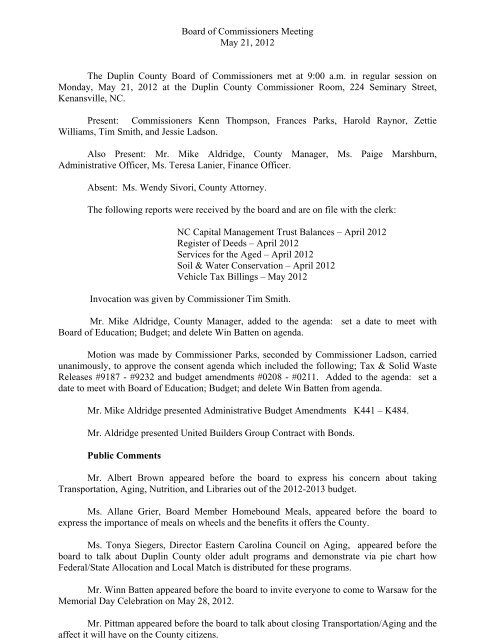 5/21/2012 - Commissioners Minutes - Duplin County