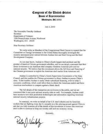 Letter to Honorable Timothy Geithner re: Anshan - American Iron ...