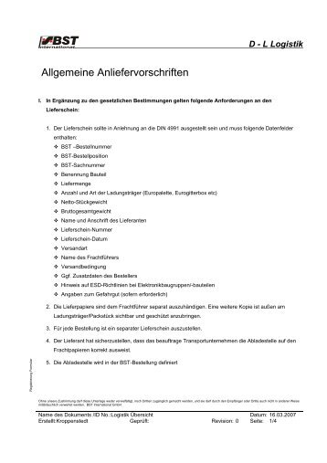 Allgemeine Anliefervorschriften - BST International GmbH