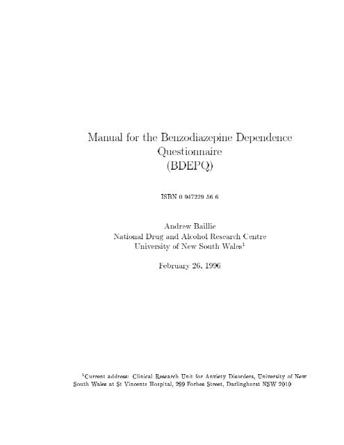 Manual for the Benzodiazepine Dependence Questionnaire (BDEPQ)