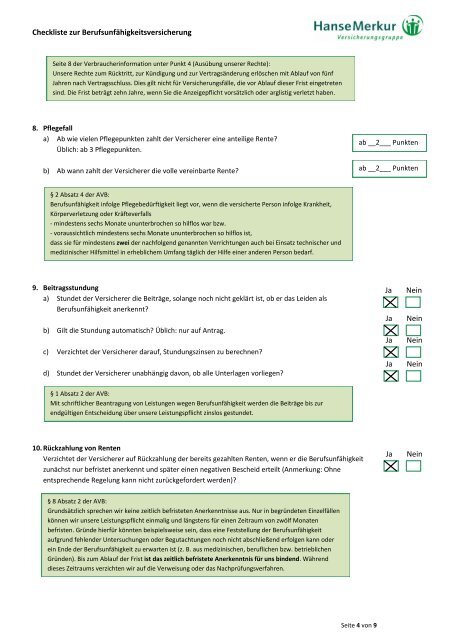 Antworten auf die Fragen der BU-Checkliste der Stiftung Warentest