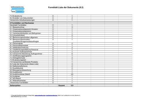 Formblatt Liste der Dokumente (8.2)