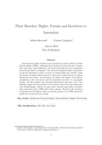 Plant Breeders' Rights, Patents and Incentives to Innovation