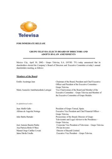 FOR IMMEDIATE RELEASE GRUPO TELEVISA ELECTS BOARD ...