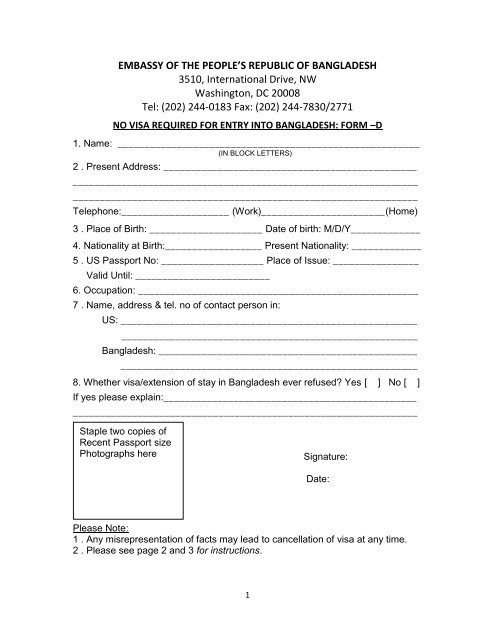 No Visa Required (NVR) Form - The Embassy of Bangladesh in ...