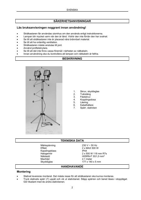 Bruksanvisning fÃƒÂ¶r halogenstrÃƒÂ¥lkastare 2 x 500 W ... - Jula