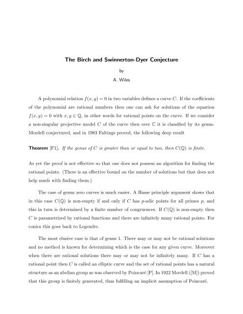 The Birch and Swinnerton-Dyer Conjecture