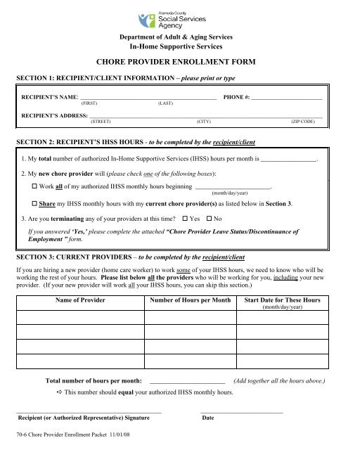 chore provider enrollment form - Alameda County Social Services