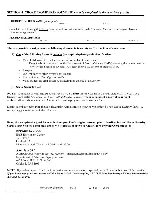 chore provider enrollment form - Alameda County Social Services