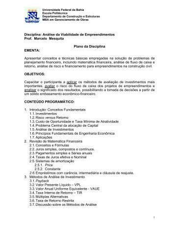 Disciplina: AnÃ¡lise da Viabilidade de Empreendimentos Prof ...