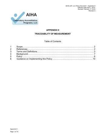 APPENDIX H TRACEABILITY OF MEASUREMENT Table of ...