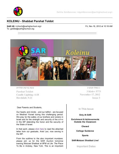 SAR High School Mail - K... Shabbat Parshat Toldot - SAR Academy