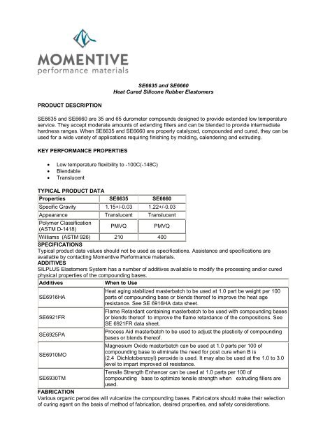 SE6635 and SE6660 Heat Cured Silicone Rubber Elastomers ...