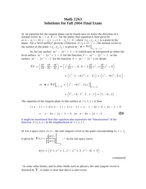 Math 2263 Solutions For Fall 04 Final Exam D