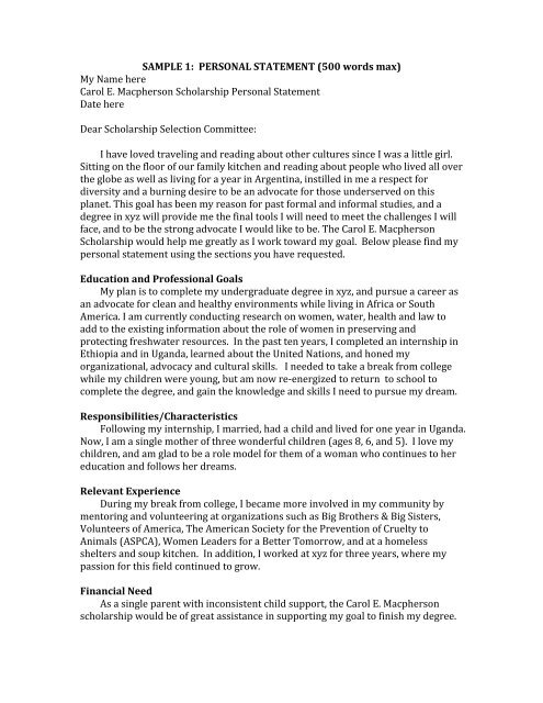 personal statement for scholarship 500 words pdf free download