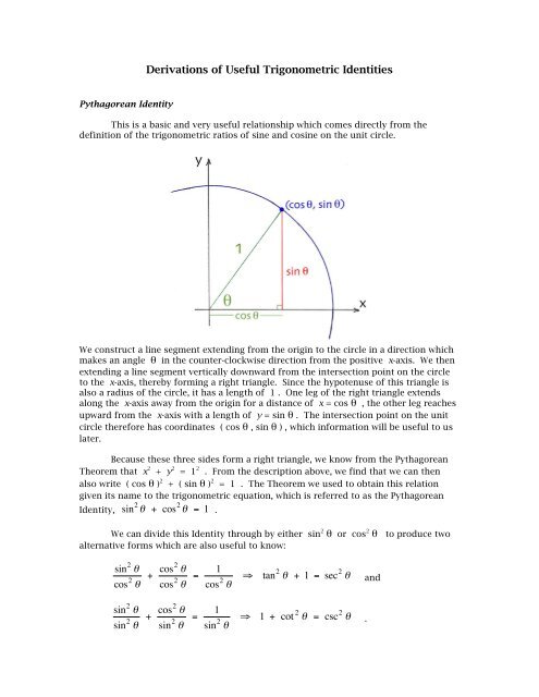 Derivations of Useful Trigonometric Identities θ + cos θ = 1 θ θ θ θ θ ...