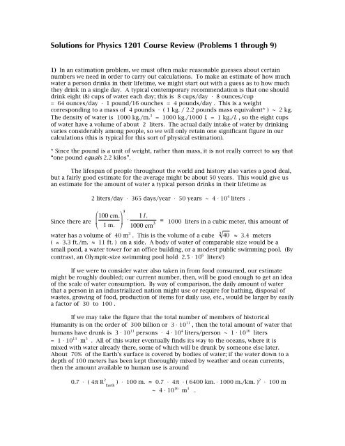 Solutions for Physics 1201 Course Review (Problems 1 through 9)