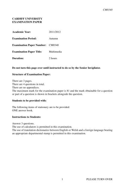 Multimedia BSC EXAM Paper 2012 - Cardiff University