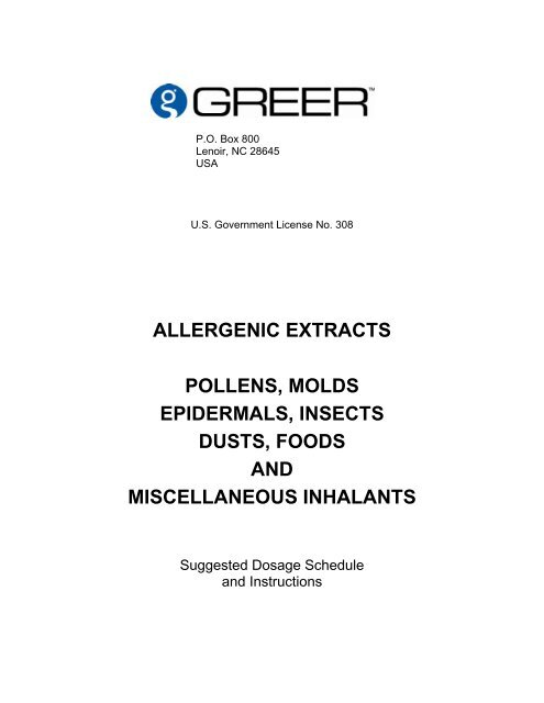 allergenic extracts pollens, molds epidermals, insects dusts ... - Greer