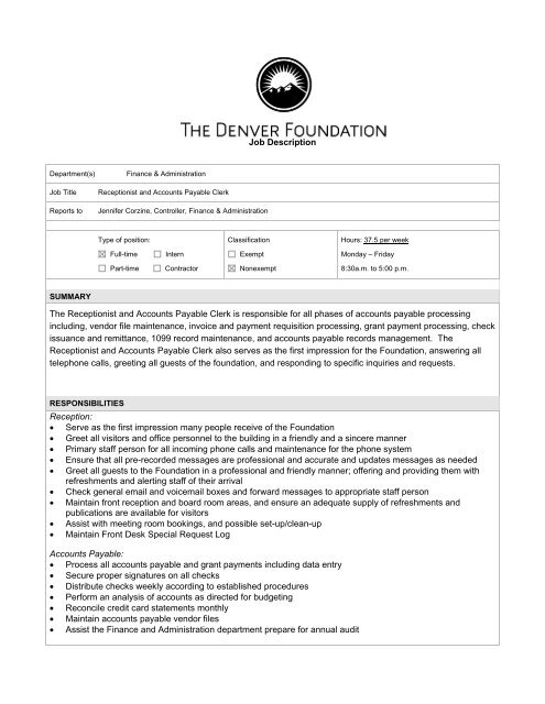 Job Description The Receptionist and Accounts Payable Clerk is ...