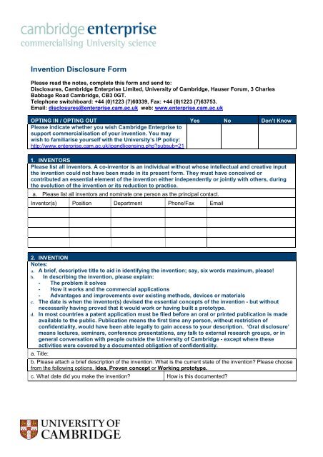 Invention Disclosure Form - Cambridge Enterprise - University of ...