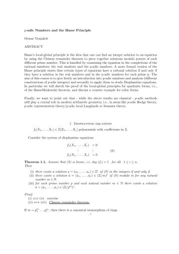 p-adic Numbers and the Hasse Principle Otmar Venjakob ...