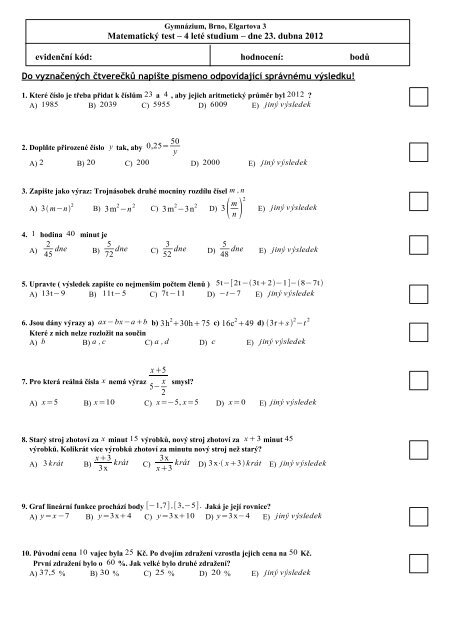 Matematika 1 (2012) - GymnÃ¡zium, Brno, Elgartova 3
