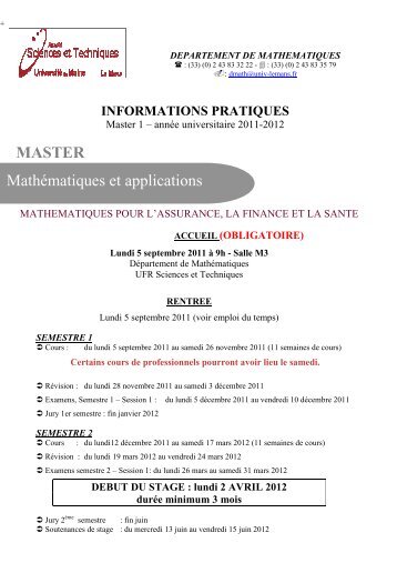 MASTER Mathématiques et applications - Faculté des Sciences et ...