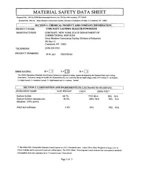 Laundry Bleach-Powdered MSDS Sheet - Corcraft