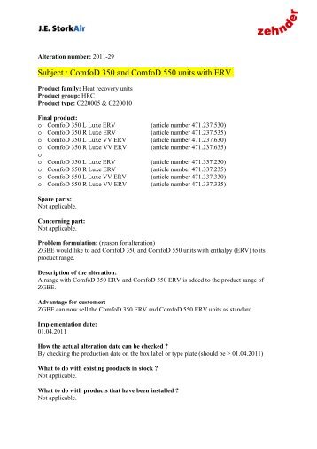 Subject : ComfoD 350 and ComfoD 550 units with ERV. - J.E. StorkAir