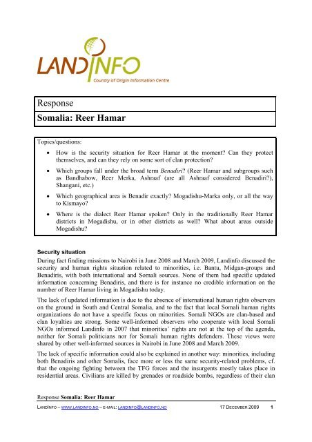 Response Somalia: Reer Hamar - LandInfo
