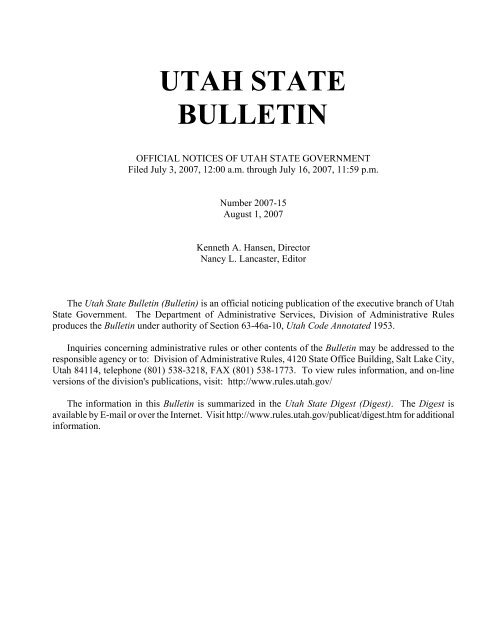 Vol. 2007, No. 15 (08/01/2007) PDF - Administrative Rules - Utah.gov