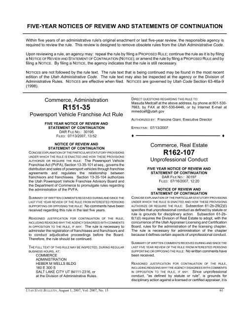 Vol. 2007, No. 15 (08/01/2007) PDF - Administrative Rules - Utah.gov