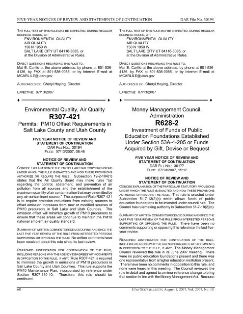 Vol. 2007, No. 15 (08/01/2007) PDF - Administrative Rules - Utah.gov