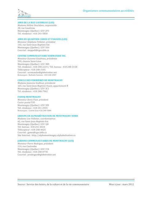 Liste des organismes communautaires - Ville de Montmagny