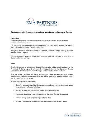 Customer Service Manager, International Manufacturing Company ...