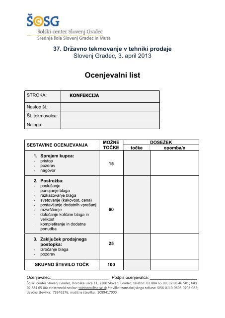 Ocenjevalni list - Å olski center Slovenj Gradec