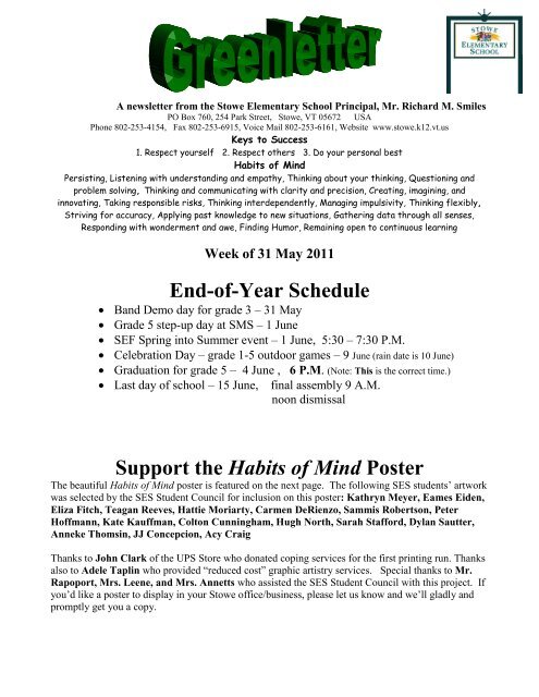 End-of-Year Schedule Support the Habits of Mind Poster - the Stowe ...