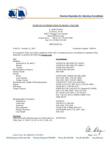 (A2LA Cert. No. 0204.01) 12/19/2011 Page 1 of 2 SCOPE ... - Agrati